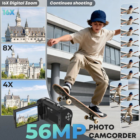 Legit Pro Qhd Camcorder featuring 2.7K video and 50 MP photos, capturing skater tricks in motion with 16X digital zoom.