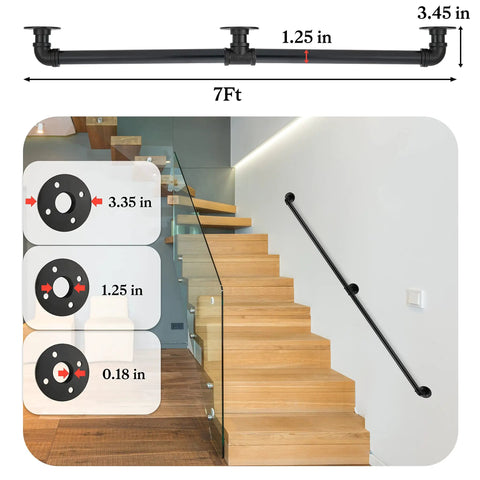 Heavy Duty 7 Ft Metal Industrial Pipe Stair Handrail In Glossy Black Finish for indoor stair with mount measurements