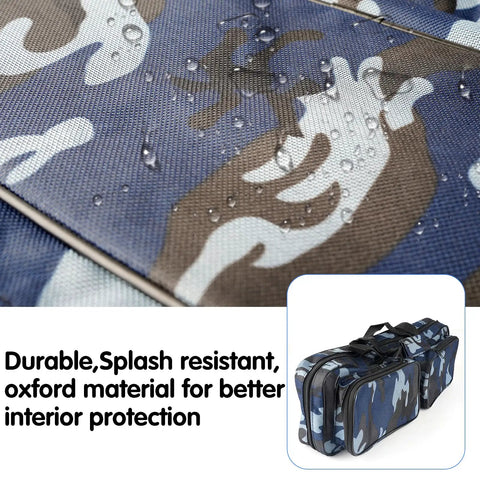 Close-up of water-resistant camo Oxford fabric on 17 Inch Fishing Tackle Carrier Bag With Two Front Pockets Travel Large Capacity Rod Case