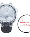 ATIE pool check valve rebuild kit, front view: clear circular valve cover with black O-ring