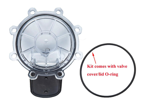 ATIE pool check valve rebuild kit, front view: clear circular valve cover with black O-ring