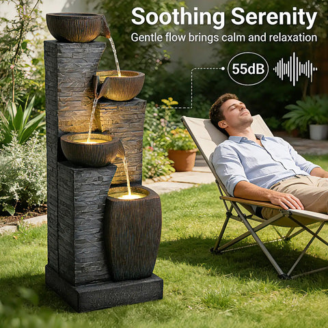 Tall Outdoor Water Fountain With Stone Texture, Four Tier Cascading Bowls For Patio Deck Porch Yard And Garden, 38.2 Inches High