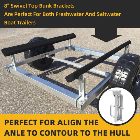 Heavy Duty Galvanized Boat Trailer Bunk Brackets With Swivel Top For Universal Fit On Various Crossmember Sizes Marine Trailers mounted with 8" cushions.