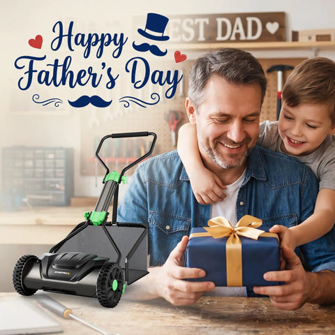 16 Inch Push Reel Lawn Mower With 5 Cutting Blades And Adjustable Height, Removable 8 Gallon Grass Catcher, Easy No Fuss Cut For Yards And Gardens, Clean Level Cut, Durable Black Finish, shown with Father’s Day gift scene