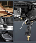 Go-To High Volume Air Blow Gun with brass adjustable nozzle, 13.7 inch extension hose, and steel extensions for cleaning engines and crevices.