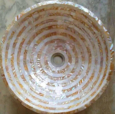 Next Level White And Golden Mother Of Pearl Bathroom Sink Straight Up Gorgeous Vessel Basin top view with circular patterns.