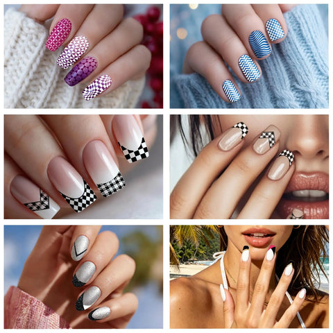 Premium Nail Stamping Plates Set Of Three Featuring Killer French Tip And Geometric Checkerboard Patterns Totally Slaying Your At Home Manicure Game While Adding Legit Salon Quality Vibes To Every Session, showcasing vibrant nail designs.