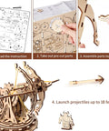 Hands On 3D Wooden Ballista Launcher Kit For Adults DIY Puzzle Model Toy And STEM Project That Feels Like Real Mechanical Fun Built For Solo Or Team Play Mindful Crafting And Endless Replay Value., wooden ballista model with instructions, gears, rubber bands, and projectile