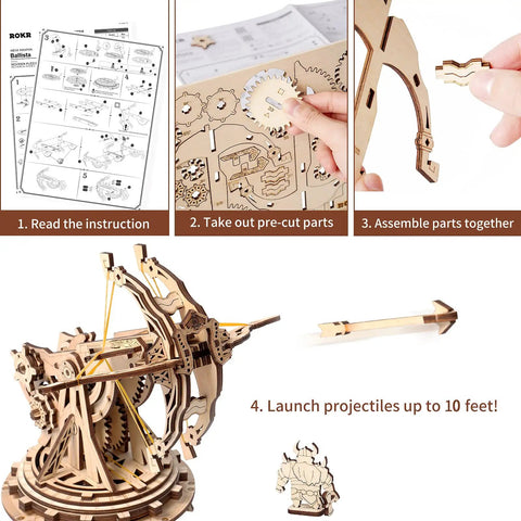 Hands On 3D Wooden Ballista Launcher Kit For Adults DIY Puzzle Model Toy And STEM Project That Feels Like Real Mechanical Fun Built For Solo Or Team Play Mindful Crafting And Endless Replay Value., wooden ballista model with instructions, gears, rubber bands, and projectile