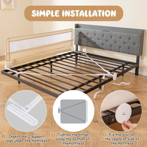 Foldable Bed Rail For Toddlers And Tots 71 Inch Safety Guard with installation instructions on metal bed frame.