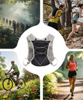 Hydration Running Vest With 5L Capacity, Reflective Water Backpack shown with runners and cyclist in outdoor settings