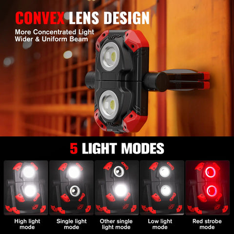 2Pack Rechargeable LED Work Light With Magnetic Bases, 2500LM 6500K Cool White, light modes displayed on wooden surface