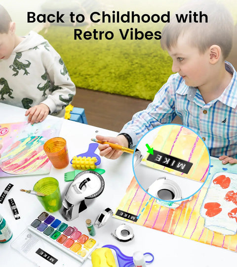 Kids using the Sweet Vintage Embossing Label Maker With Rad 9Mm Tape to create colorful 3D stickers for crafts.