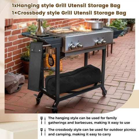 Waterproof Grill Utensil Storage Bags Set Of 2 for BBQ tools on a grill with one hanging pouch and one crossbody pouch for camping.