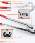 Heavy Duty Banding Tool With Strapping Sealer And Crimper, 20 Inch Extended Handle, Ergonomic Grip Built To Last, Hardened Steel, For 1/2 To 3/4 Inch PP PET Plastic Straps, Easy To Use And Labor Saving Packaging Solution, red handle detail