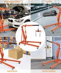 Heavy Duty Folding Engine Hoist 4000 Lbs Hydraulic Cherry Picker in various settings: auto repair, factory, warehouse, outdoor.