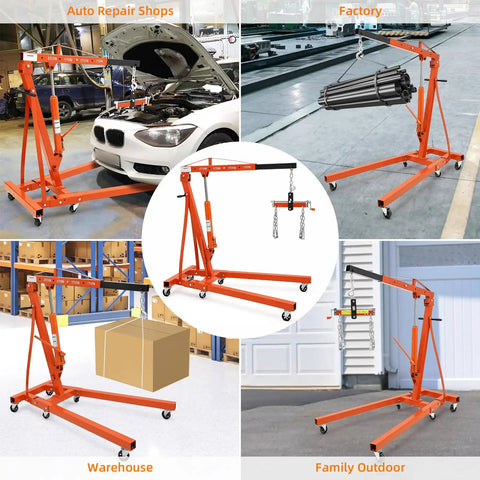 Heavy Duty Folding Engine Hoist 4000 Lbs Hydraulic Cherry Picker in various settings: auto repair, factory, warehouse, outdoor.