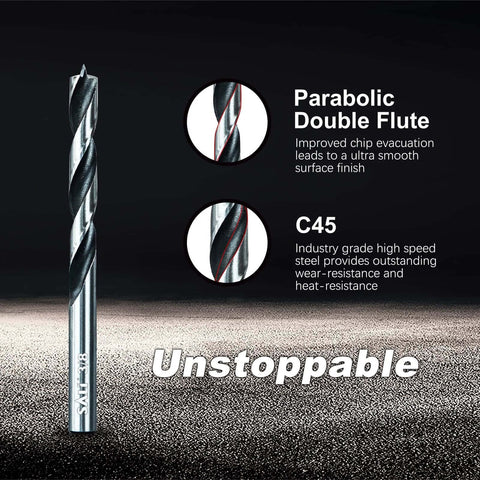 SALI brad-point wood drill bit, 11-inch long, carbon steel with parabolic double flute.