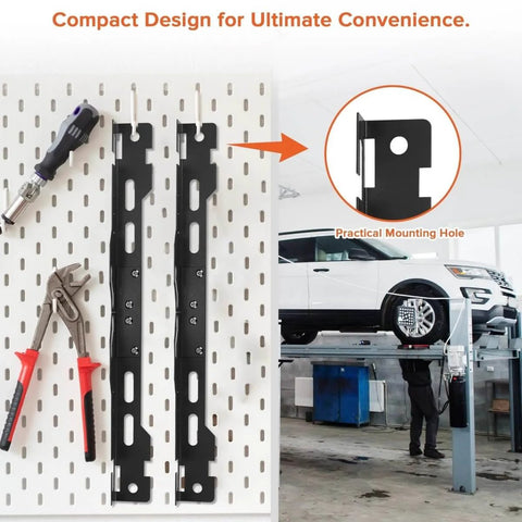 Wheel Alignment Tool Kit With Two Measuring Tapes Matte Black Toe And Camber Plates for Home Garage Use on pegboard with tools