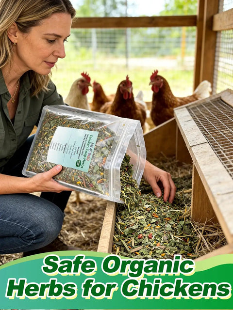 Woman adding All Natural Chicken Nesting Herbs For Coop And Nest Box 20 Oz To Freshen Bedding Cut Odor And Kickstart Egg Production in hen coop