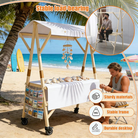 Portable Farmers Market Stand With Foldable Canopy On Wheels For Street Vending And Outdoor Events Sturdy Wooden Vendor Cart Easy To Store Mobile Market Stall In Bright Yellow About 47 By 24 By 79 Inches