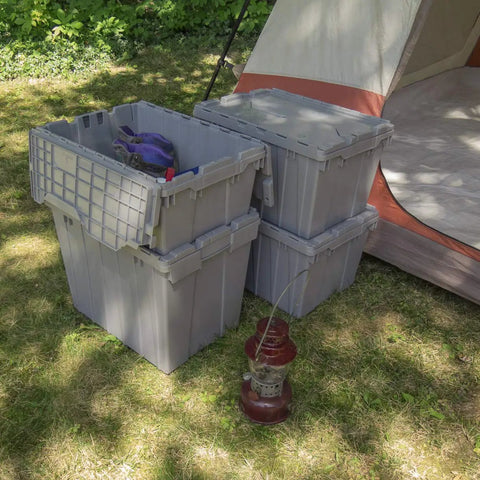 Heavy Duty Plastic Storage Totes With Hinged Flip Top Lids Blue 21.5 X 15 X 17 Inch Stackable 3 Pack beside camping tent