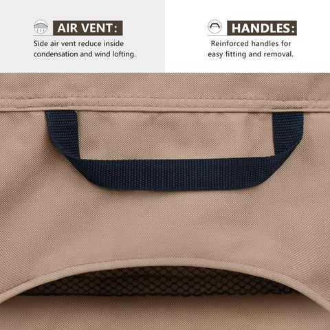 Close-up of Waterproof Patio Chaise Lounge Chair Cover Heavy Duty Outdoor Protector With Dual Air Vents 68L X 30W X 30H Inches