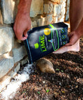Person applying Lime Insect Deterrent 20Lb Outdoors Pest Barrier Natural Garden Repellent along a stone foundation