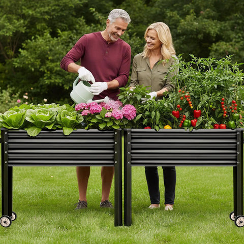 Heavy Duty Galvanized Raised Garden Bed With Legs And Wheels, 2 Pack, 48W X 18D X 32H Inches, Metal Elevated Planter Box