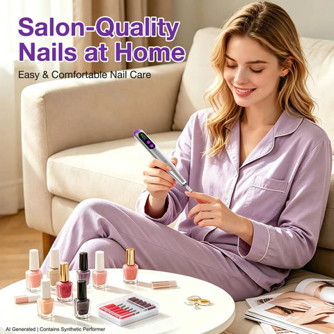 Woman using Cordless Electric Nail Drill For Acrylic Gel Dip Powder Polish With LED Display Pro Grade Rechargeable Portable Kit