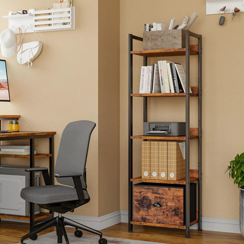 5 Tier Bookshelf With Drawer Space Saving Tall Narrow Wood And Metal Storage Organizer Industrial Display Shelf Unit