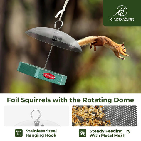 Large Platform Bird Feeder For Outdoor Hanging With Adjustable Dome Squirrel Proof Design, green, squirrel jumping near feeder