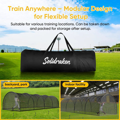 Backyard Baseball And Softball Batting Cage With Enclosed Net And Pitching Hole shown in bag with outdoor and indoor setups