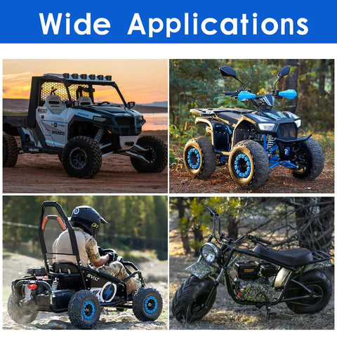 Four vehicles including ATV, UTV, quad, and mini bike showcasing Eight Pack M10 1.25mm Flange Hex Head Bolts 25mm Long For ATV UTV Quad Go Karts Mini Bike Lawn Mower Snowmobile Built Tough For Secure Grip And Serious Durability usage.