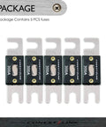 Nickel Plated 300 Amp ANL Fuse 5 Pack For Auto Electrical Systems, showing five 300A fuses in a row.