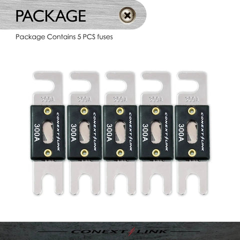 Nickel Plated 300 Amp ANL Fuse 5 Pack For Auto Electrical Systems, showing five 300A fuses in a row.