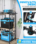 Three Tier Fishing Rod Holder Rack For Garage Up To Eight Rods And Gear Organizer with tackle boxes and reels shown.