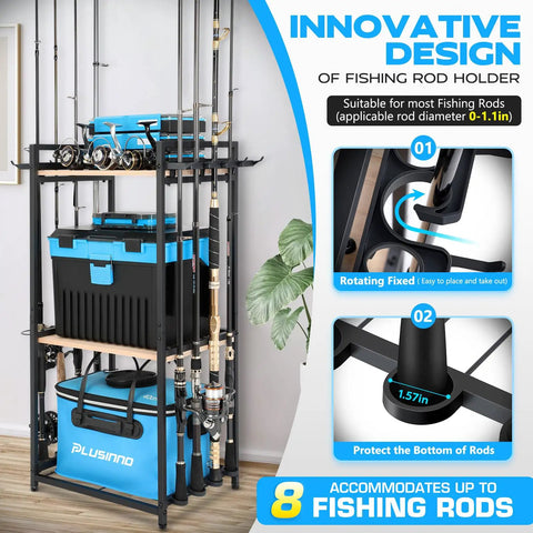 Three Tier Fishing Rod Holder Rack For Garage Up To Eight Rods And Gear Organizer with tackle boxes and reels shown.