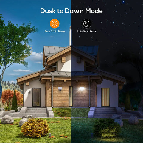 Image of house exterior with dusk to dawn comparison using Two Pack 80W Outdoor LED Flood Light With Dusk To Dawn Photocell, 5000K.