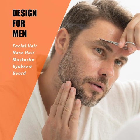 Man using Facial Hair Scissors And Grooming Kit For Guys And Gals With Curved Safety Tip Clippers for eyebrow trimming.