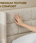 Hand touching the soft linen tufted headboard of the Sick King Size Lift Up Storage Platform Bed With Top Shelf Linen Wingback Headboard.