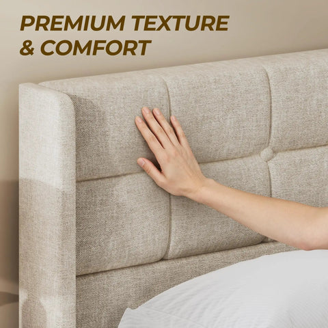 Hand touching the soft linen tufted headboard of the Sick King Size Lift Up Storage Platform Bed With Top Shelf Linen Wingback Headboard.