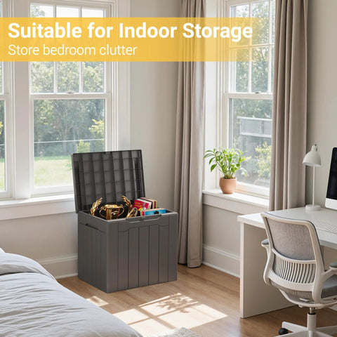 Big 31 Gallon Outdoor Storage Box With Lid For Patio Furniture, Garden Tools, And Pool Supplies shown in indoor room setting
