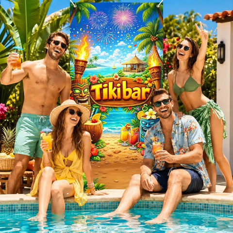 Luau Party Door Cover 71 By 35 Inch Tiki Bar Beach Banner With Tropical Cocktails Tiki Torches Palm Trees Flowers Ocean View Island Hut Backdrop For Front Door Indoor Outdoor Use Party Ready Vibe