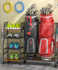Golf Bag Storage Rack With Wheels For Garage And Home Holds 2 Golf Bags Plus Gear Ball Mesh Rack 3 Shelves Removable Hooks