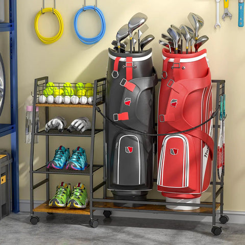 Golf Bag Storage Rack With Wheels For Garage And Home Holds 2 Golf Bags Plus Gear Ball Mesh Rack 3 Shelves Removable Hooks