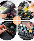 306 Piece Car Fuses Assortment Kit With Fuse Pullers And Circuit Testers showing checking, pulling, testing, and replacing fuses