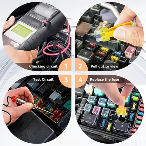 306 Piece Car Fuses Assortment Kit With Fuse Pullers And Circuit Testers showing checking, pulling, testing, and replacing fuses