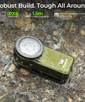 HD03 EDC Rechargeable Clip On Flashlight with 680 Lumens in rain, showcasing IPX6 waterproof and rugged design for outdoors.