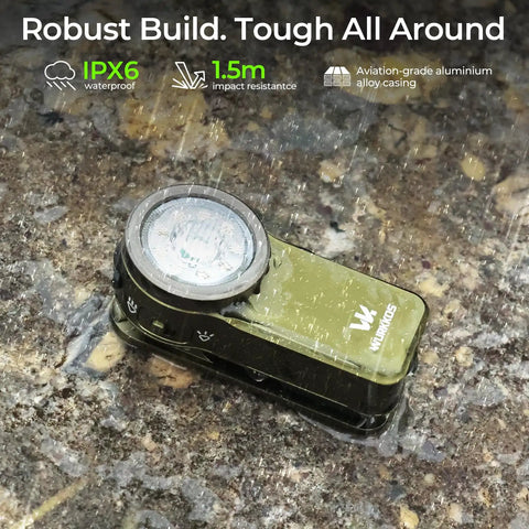 HD03 EDC Rechargeable Clip On Flashlight with 680 Lumens in rain, showcasing IPX6 waterproof and rugged design for outdoors.